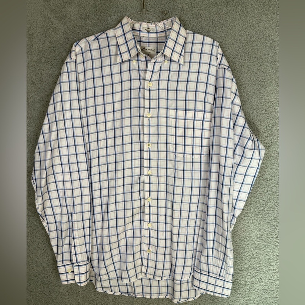Men's pink blue and white checkered button down silk blend large